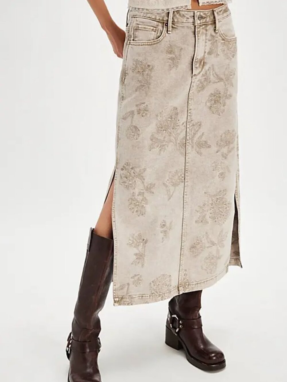 Driftwood Svetlana Maxi Skirt Straight Mid Rise Denim Floral Beige Plus Size 32 - Picture 10 of 11